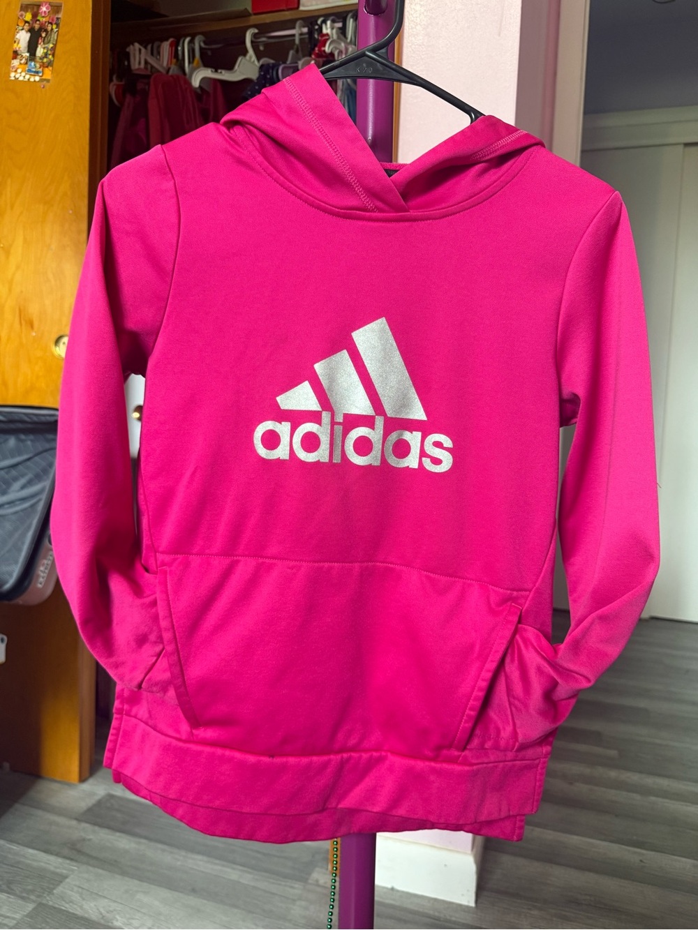 adidas Bright Pink Hoodie with Silver Logo - Picture 2 of 7